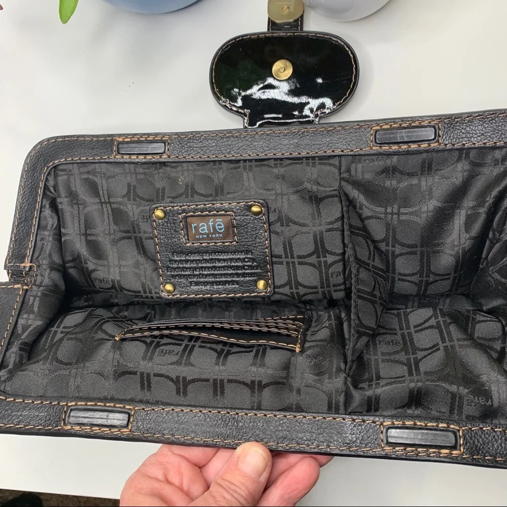 Rafe Leopard Print Clutch with Black Patent Trim and Gold Hardware